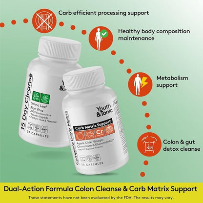 Youth & Tonic 15 Day Cleanse & Carb Matrix Support for Bloating, Gut & Metabolism Health, Break The Plateau, Feel Lighter & Energized, Colon Cleanser & Detox with ACV, Glucomannan, Chromium, 60 Pills