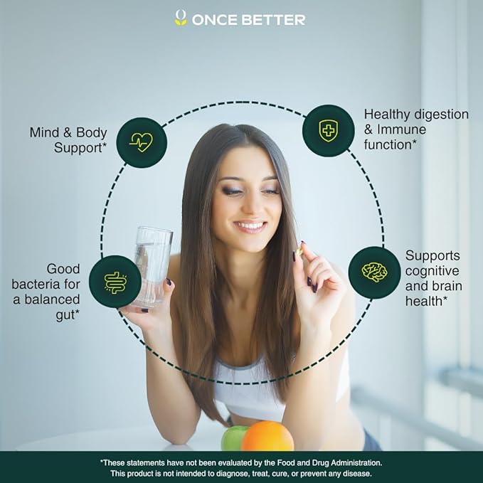 Once Better™️ Stress & Gut Support Supplement – Ashwagandha KSM-66®, L-Theanine, Magnesium Glycinate, Probiotics & Inulin for Digestive Health & Stress Relief – 60 Capsules - Men & Women
