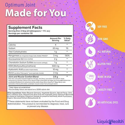 LIQUIDHEALTH 32 Oz Optimum Joint Support Supplement with Glucosamine Chondroitin MSM Hyaluronic Acid - Triple Strength Liquid Vitamins, Gluten-Free, Sugar-Free, Dairy-Free, Soy-Free Joint Juice
