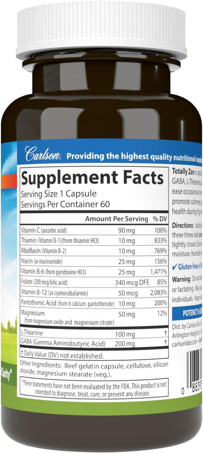 Carlson - Totally Zen, GABA, L-Theanine & B Vitamins, Healthy Mood, Promotes Calmness & Mental Clarity, 60 Capsules