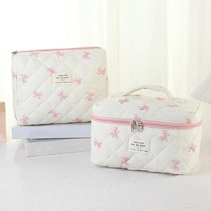 3 Pcs Quilted Makeup Bag Set, Bow, Coquette, Floral Make Up Bag - Large Toiletry Cosmetic Bags Organizer for Women & Girls (K-3PCS)