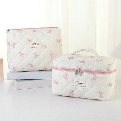 3 Pcs Quilted Makeup Bag Set,Coquette Bow Make Up Bag,Cute Floral Makeup Bags Large Toiletry Cosmetic Bag Organizer for Women Girls (N-3PCS)