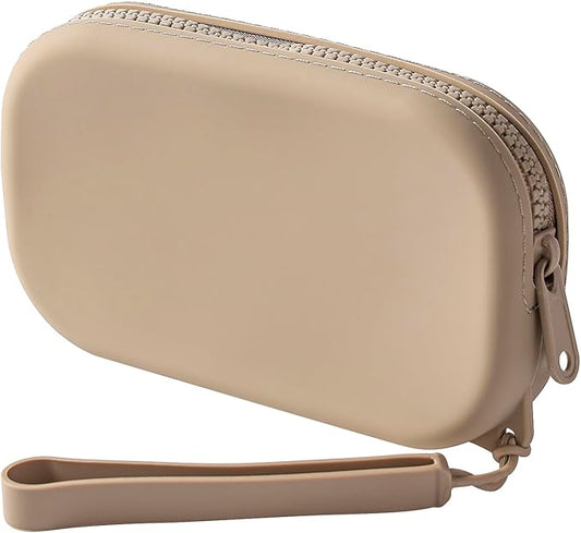 Portable Silicone Makeup Bag for Women, Small Travel Waterproof Toiletry Cosmetic Bag, Zipper Closure Organizer Makeup Case with Handle (Khaki)