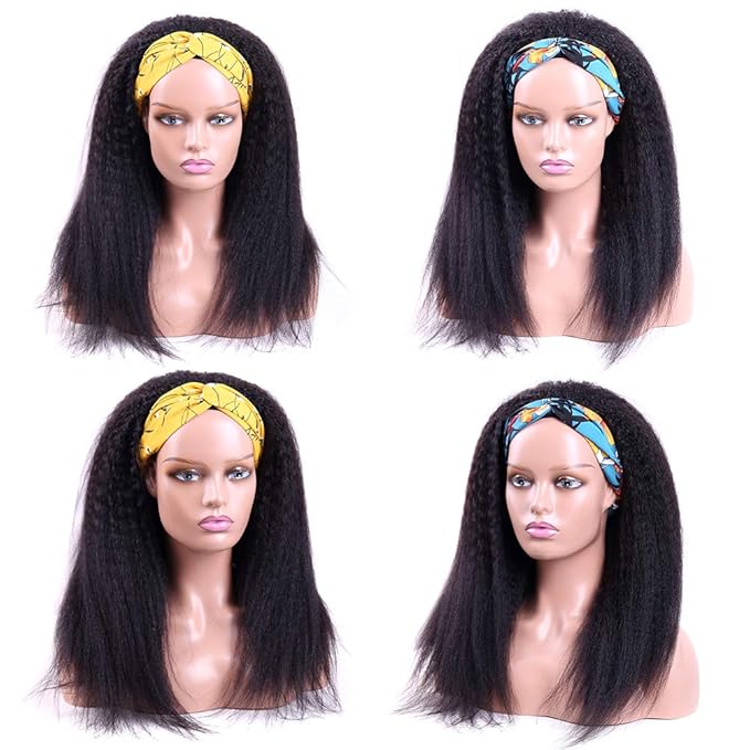 Headband Wigs Human Hair 180% Density 12A Kinky Straight Human Hair Headband Wigs For Black Women Yaki Straight Human Hair Wigs With Headband Attached Half Wig Natural Black Color 18 Inch