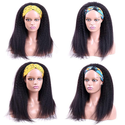 Headband Wigs Human Hair 180% Density 12A Kinky Straight Human Hair Headband Wigs For Black Women Yaki Straight Human Hair Wigs With Headband Attached Half Wig Natural Black Color 18 Inch