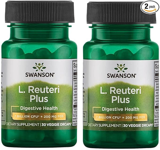 Swanson L. Reuteri Probiotic Plus w/L. Rhamnosus L. Acidophilus & FOS Prebiotic Digestive Support - Promotes Gut Health w/ 7 Billion CFU per Capsule - (30 Veggie Capsules) 2 Pack
