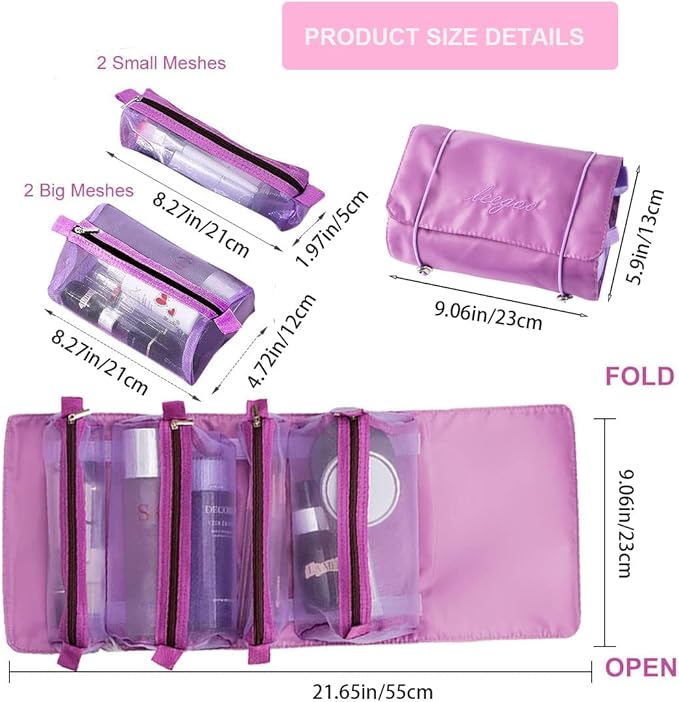 Roll Up Makeup Bag, Hanging Toiletry Bag, 4 in 1 Detachable Cosmetic Bag, 4 Removable Storage Bags, Travel Makeup Organizer Bags for Women Men(Purple)