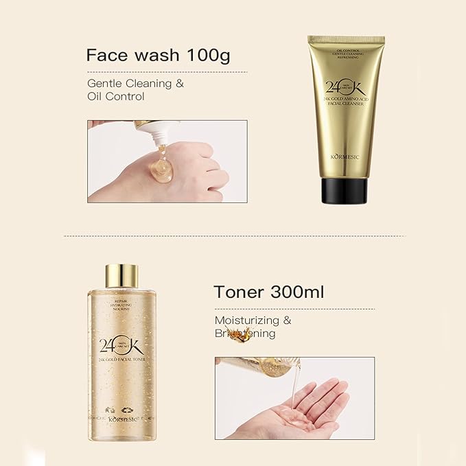 24K Gold Skin Care Set 6-Piece Collection 24K Skincare Set with Facial Cleanser, Face Serum 2pcs, Eye Cream, Essence Milk, Toner, Anti-Aging Skin Care Kit For Women
