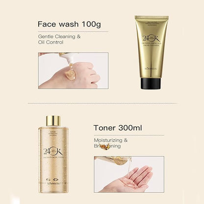 24K Gold Skin Care Set 6-Piece Collection 24K Skincare Set with Facial Cleanser, Face Serum 2pcs, Eye Cream, Essence Milk, Toner, Anti-Aging Skin Care Kit For Women