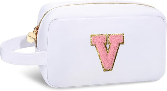 Aveniee Monogram Makeup Bag for Women,Initial Cosmetic Bag Toiletry Organizer,Personalized Halloween Christmas Birthday Gifts for Women Mom Wife Teacher Sister-White V
