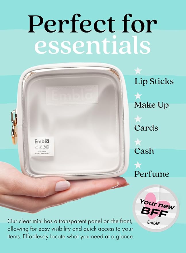 Embla Clear Cosmetic Bag Makeup Case, Clear Zipper Make Up Pouch and Toiletry Travel Tote, Cute Skincare Pouches for Women Girls, Preppy Purse Cosmetic Organizer, Mini Makeup Bags, White