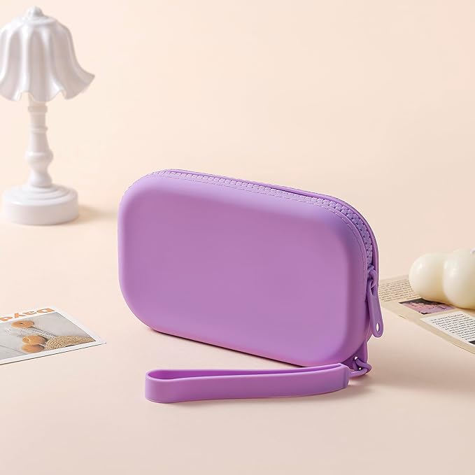 Portable Silicone Makeup Bag for Women, Small Travel Waterproof Toiletry Cosmetic Bag, Zipper Closure Organizer Makeup Case with Handle (Purple)