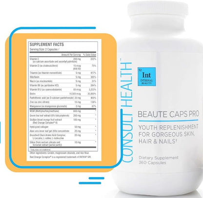 Consult Health Beaute Caps Pro - Collagen Supplement - Biotin 10,500mcg, MSM, Blood Orange for Skin, Hair, Nails Health - Collagen Vitamins - Anti-Aging, USA Made