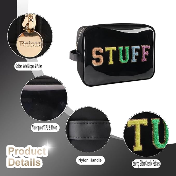 Clear Extra Large Glitter Patches STUFF Bag Preppy Transparent TPU and Nylon Makeup Bag Women (X-Large, Black-Stuff)