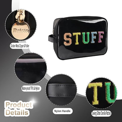 Clear Extra Large Glitter Patches STUFF Bag Preppy Transparent TPU and Nylon Makeup Bag Women (X-Large, Black-Stuff)