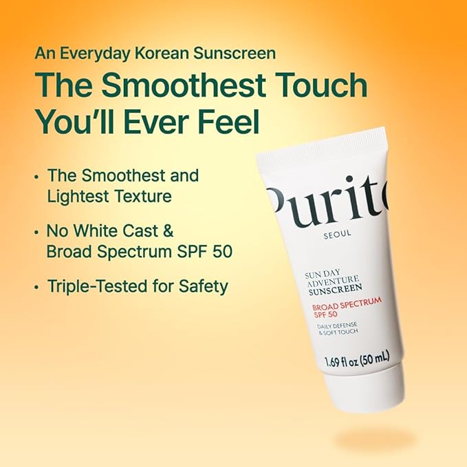 PURITO Sun Day Adventure Korean Sunscreen Smoothest and Lightest Texture Broad Spectrum SPF 50 UVA & UVB Protection No White Cast Oil Free For All Skin Types Vegan Daily Skin Care 50ml, 1.69 fl.oz