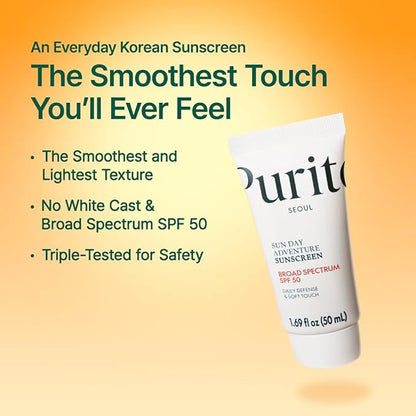 PURITO Sun Day Adventure Korean Sunscreen Smoothest and Lightest Texture Broad Spectrum SPF 50 UVA & UVB Protection No White Cast Oil Free For All Skin Types Vegan Daily Skin Care 50ml, 1.69 fl.oz
