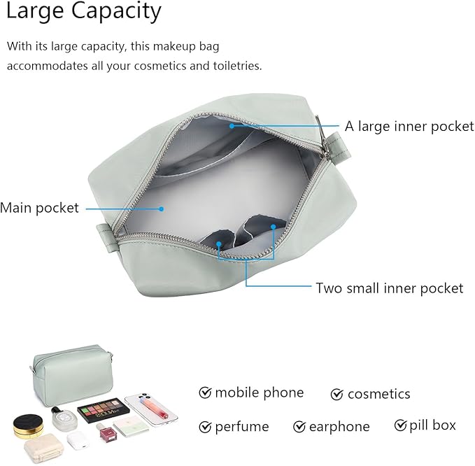 Organizer Bag Lightweight Cosmetic Bag with Ring Clasp Perfect Travel Makeup Bag for Women nylon Stand Up Design (Grey/Nylon)