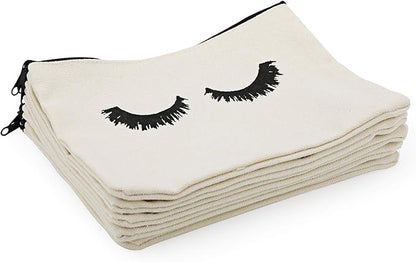 PHOGARY 6PCS Canvas Makeup Pouch, Cosmetic Bag Bulk Travel Make Up Pouch Toiletry Case with Zippered Pocket for Women (Eyelash Pattern) Cream