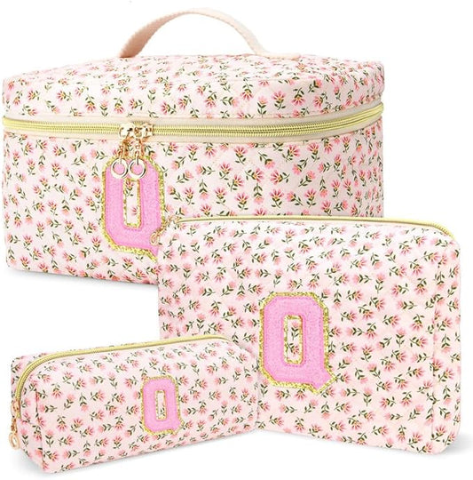 3 PCS Travel Makeup Bag Set, A-Z Initials Cotton Make up Bag Floral Quilted Cosmetic Bag for Girls and Women, Personalized Cute Toiletry Bag Travel Accessories Brushes Bag Flower - Q