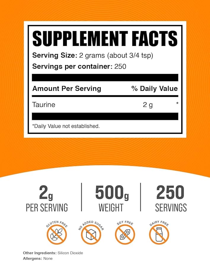 BulkSupplements.com Taurine Powder - Taurine Supplement, Taurine 2000mg - Amino Acids Supplement for Energy - Unflavored & Gluten Free, 2g per Serving, 500g (1.1 lbs) (Pack of 1)