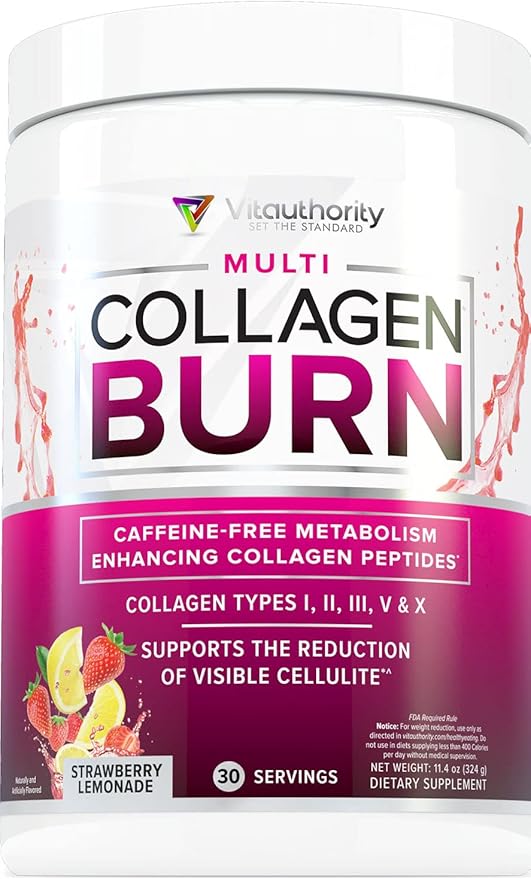 Multi Collagen Burn: Multi-Type Hydrolyzed Collagen Protein Peptides with Hyaluronic Acid, Vitamin C, SOD B Dimpless, Types I, II, III, V and X Collagen, Caffeine-Free (Strawberry Lemonade)