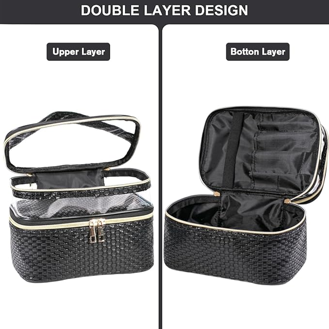 FITINI 3 Pieces Makeup Bags Double Layer Travel Large Cosmetic Cases Organizer Toiletry Bags Waterproof Small Zipper Pouch for Women Makeup Brush Storage Bag,Black Woven Pattern