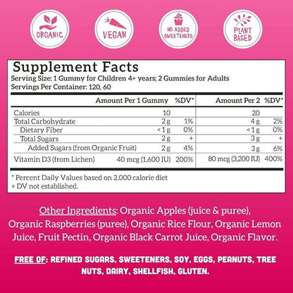 Llama Naturals Real Fruit Vitamin D3 Gummies Kids & Adults; No Added Sugar Cane, Organic Vitamin D, Vegan, 200% DV Each; (120 CT, 60-120 Days, Raspberry)