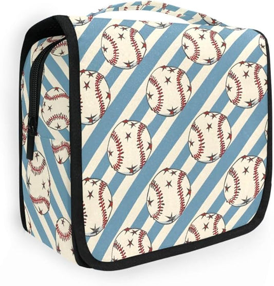 senya Hanging Travel Toiletry Bag Kit Boys Makeup Case Cosmetics Organizer for Men Women (Baseball Balls Star Blue Stipes)