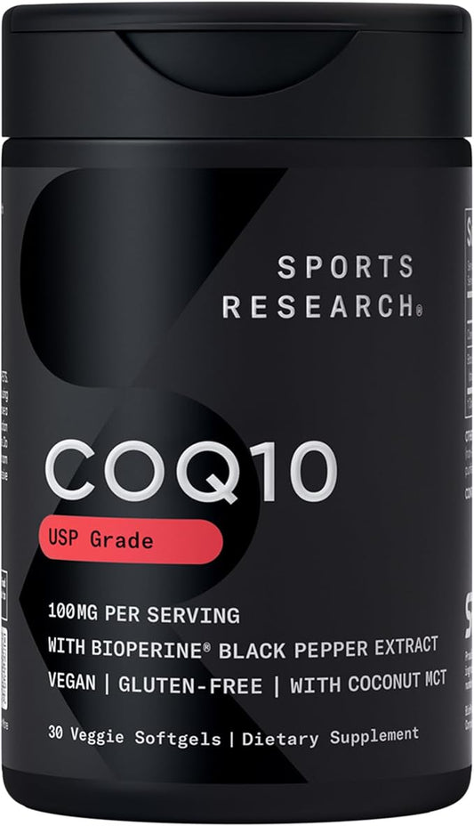 Sports Research CoQ10 (100mg) Enhanced w/Coconut Oil & Bioperine (Black Pepper) for Better Absorption | Vegan, Non-GMO Verified (30 Veggie Softgels)