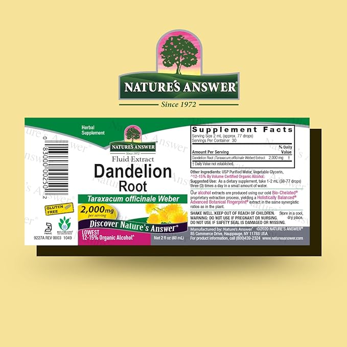 Nature's Answer Dandelion Root Extract 2 Oz – Low Organic Alcohol, Detox & Liver Support Supplement – Made in USA, Kosher, Gluten Free – Dandelion, Dandelion Root, Dandelion Root Supplement