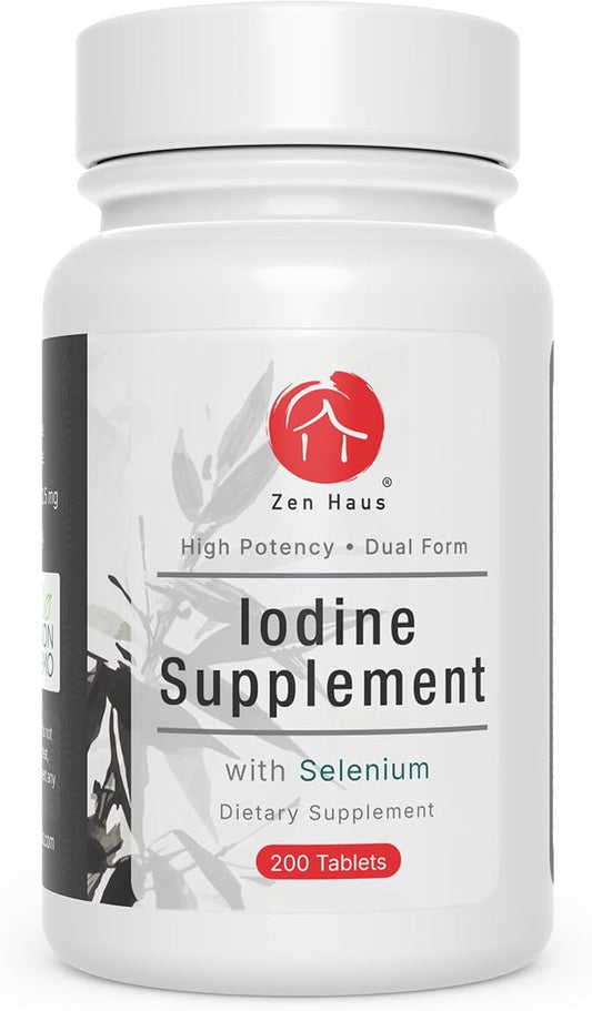 Zen Haus Iodine Supplement 12.5 mg with Selenium (as Selenomethionine) and More - 200 Tablets - Thyroid Plus Immune Support - High Potency Iodine Tablets - Compare to Lugol's Iodine Pills