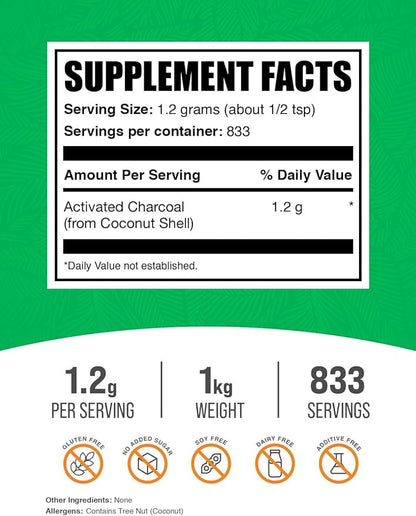 BulkSupplements.com Activated Charcoal Powder - from Coconut Charcoal, Charcoal Powder for Teeth Whitening - Vegan & Gluten Free - 1200mg per Serving, 1kg (2.2 lbs) (Pack of 1)