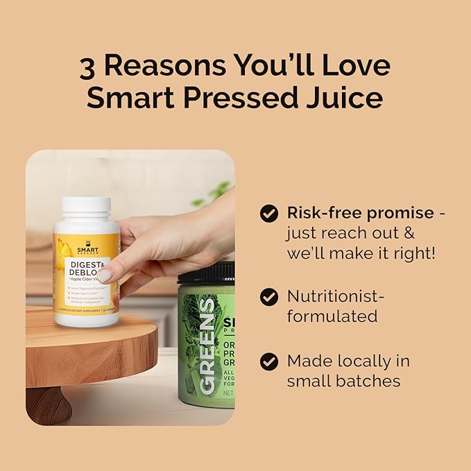 SMART Pressed Juice Digest & Debloat Digestive Enzymes Fast Acting for Acid Reflux Indigestion Heartburn Gas Bloat | All Natural Digestive Health with Apple Cider Vinegar, 90 Capsules Made in USA