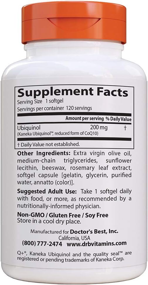 Doctor's Best Ubiquinol with Kaneka QH, Enhances Cellular Energy, Antioxidant, Non-GMO, Gluten & Soy Free, 200 mg, 120 Count
