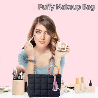 Puffy Makeup Bag Quilted Pouch Puffer Make Up Bag for Purse Cosmetic Bag for Women (Black)