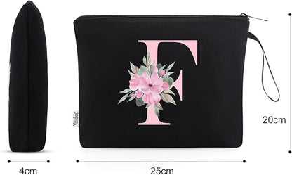 Vavabox A-Z Personalized Makeup Bag, Birthday Gifts for Women Mom, Gifts for Best Friend, Bride Bridesmaid Cosmetic bag (F, Black)