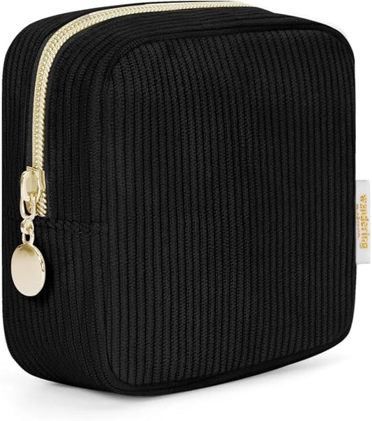 Wandering Nature Small Makeup Bag for Purse Mini Make up Pouch Cute Cosmetic Pouch for Women with Slip-in Pockets Corduroy, Black