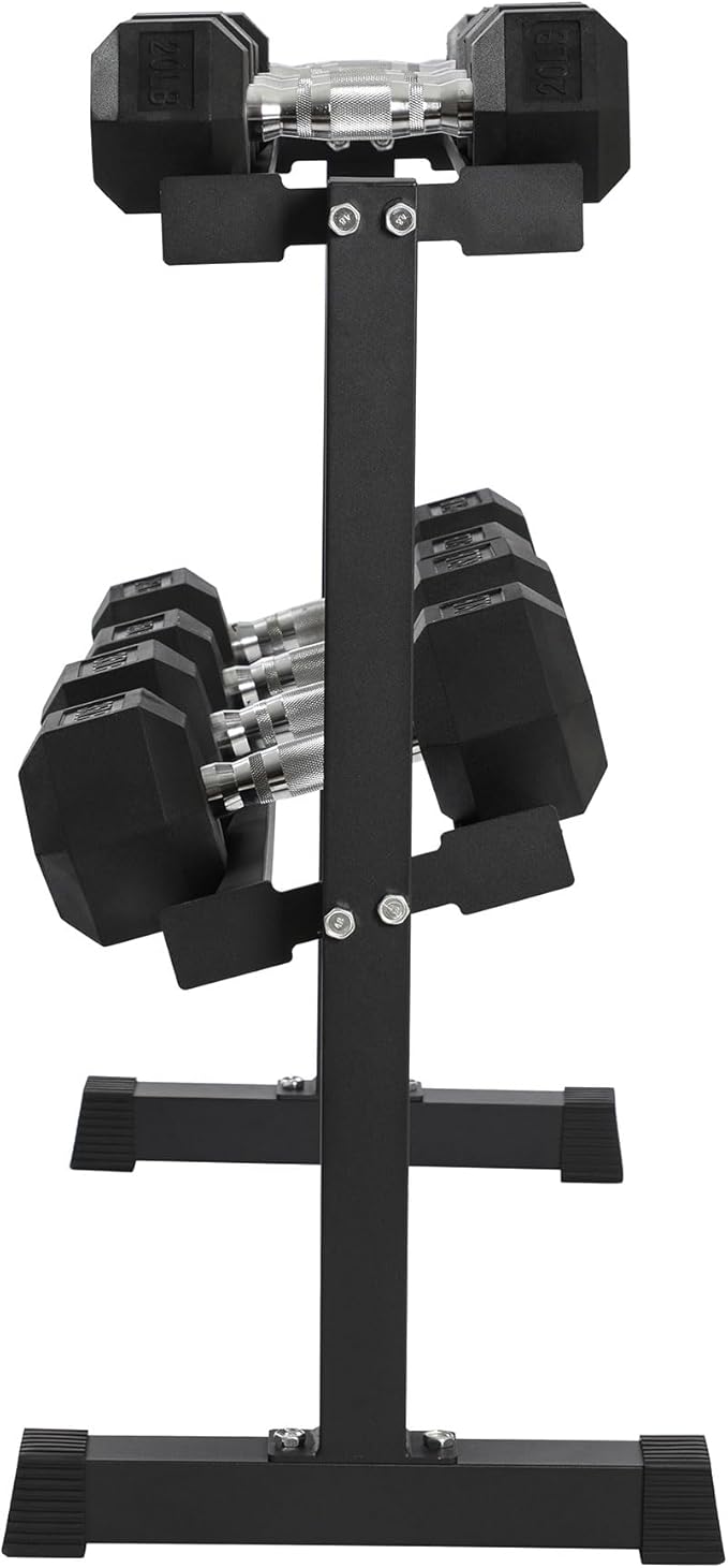 HolaHatha 10, 15, 20, 25, and 35 Pound Rubber Encased Hexagon Non Slip Dumbbell Weight Set with Rack for Various Strength Training Workouts, Black