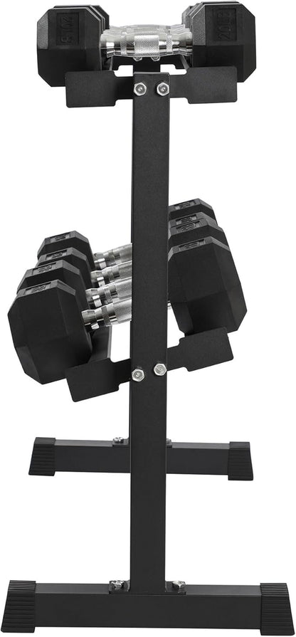 HolaHatha 10, 15, 20, 25, and 35 Pound Rubber Encased Hexagon Non Slip Dumbbell Weight Set with Rack for Various Strength Training Workouts, Black