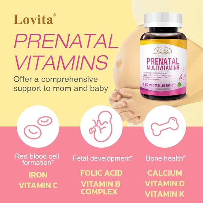 Lovita Prenatal Multivitamins - Comprehensive Support for Before, During, and Post-Pregnancy - 180 Vegetarian Tablets
