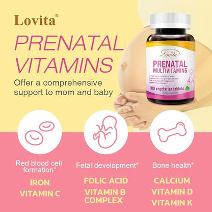 Lovita Prenatal Multivitamins - Comprehensive Support for Before, During, and Post-Pregnancy - 180 Vegetarian Tablets