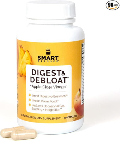 SMART Pressed Juice Digest & Debloat Digestive Enzymes Fast Acting for Acid Reflux Indigestion Heartburn Gas Bloat | All Natural Digestive Health with Apple Cider Vinegar, 90 Capsules Made in USA