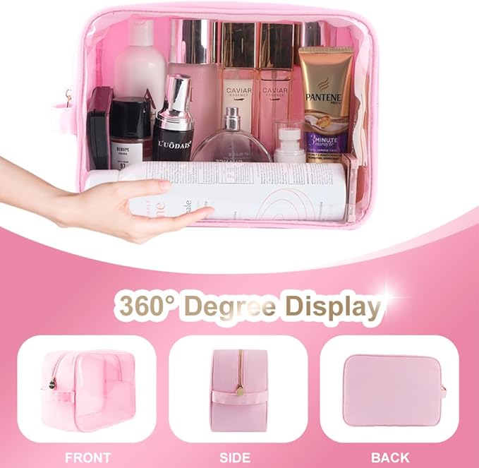 Extra Large Preppy Transparent Makeup Pouch Women Travel Clear TPU and Nylon Cosmetic Pouch (Extral-Large,Pink)