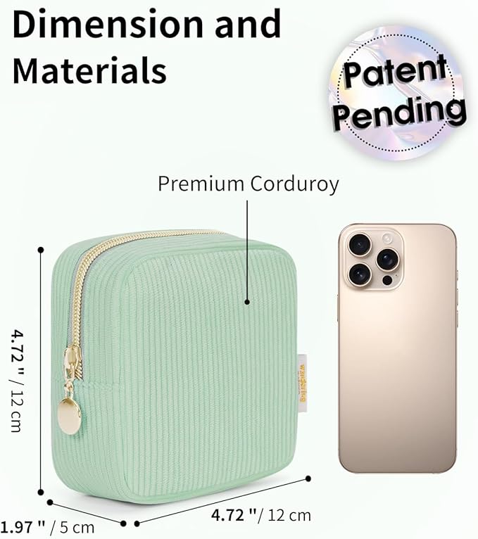 Wandering Nature Small Makeup Bag for Purse Mini Make up Pouch Cute Cosmetic Pouch for Women with Slip-in Pockets Corduroy, Green