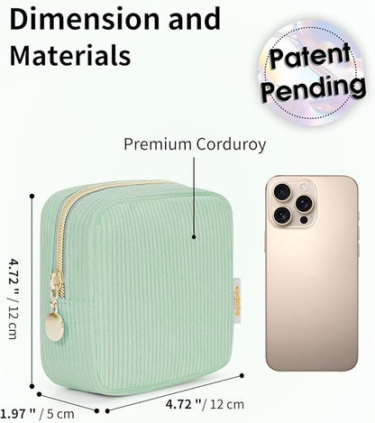 Wandering Nature Small Makeup Bag for Purse Mini Make up Pouch Cute Cosmetic Pouch for Women with Slip-in Pockets Corduroy, Green