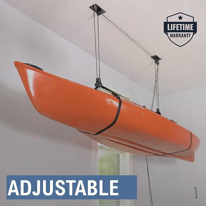 StoreYourBoard Kayak and Canoe Ceiling Pulley System, Garage Mount Storage Hoist, Heavy Duty Holds 150 lbs, Indoor Organizer