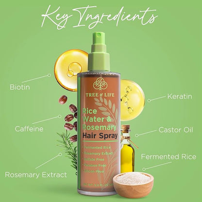 Tree of Life Beauty Rice Water Hair Spray Rosemary Water Spray for Hair Growth (8.8 fl oz) - Hair Thickening Fermented Rice, Caffeine, Rosemary Extract, Biotin, Keratin and Castor Oil Scalp Care