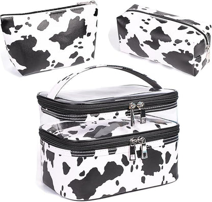 FITINI 3 Pieces Makeup Bags Double Layer Travel Large White Cows Cosmetic Cases Organizer Toiletry Bags Waterproof Small Zipper Pouch for Women Makeup Brush Storage Bag