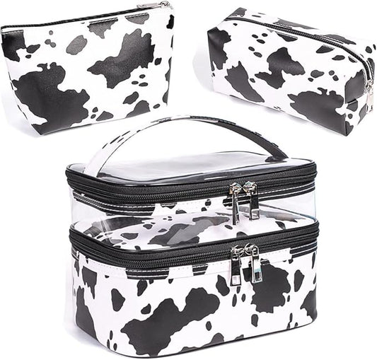 FITINI 3 Pieces Makeup Bags Double Layer Travel Large White Cows Cosmetic Cases Organizer Toiletry Bags Waterproof Small Zipper Pouch for Women Makeup Brush Storage Bag
